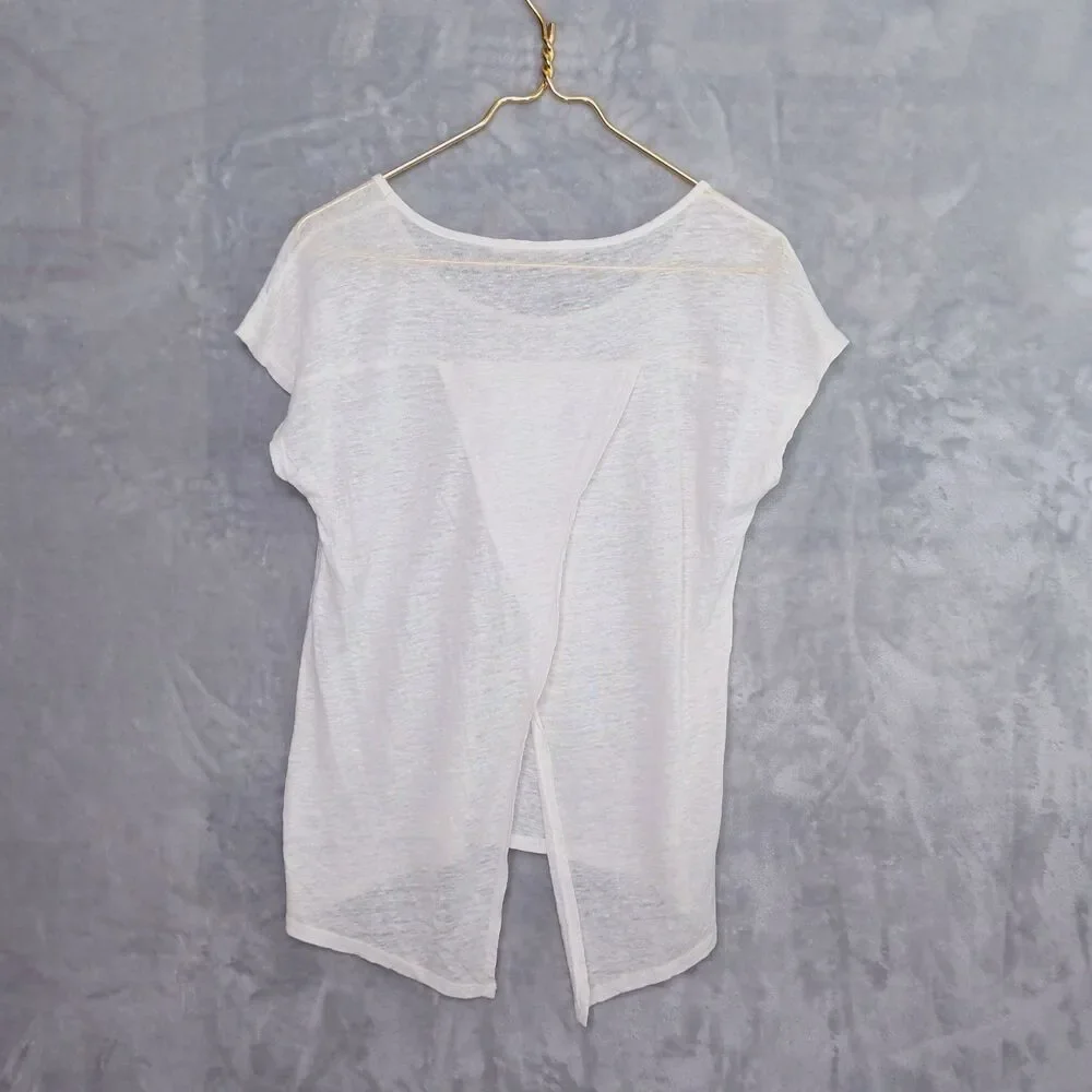 GIBSON Sheer White Linen Tee Size S Split-Back Beachy Lightweight Dolman Scoop